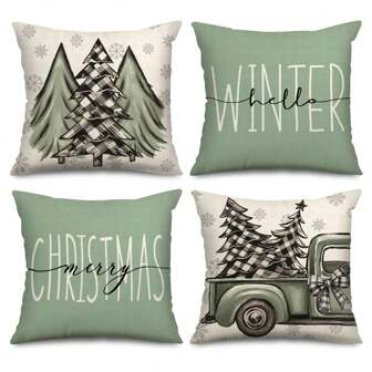4 Pieces Set Of Winter Christmas Holiday Element Atmosphere Pillowcases, Christmas Joy Car Christmas Tree Decorations Winter Christmas Pillowcase Decorations Suitable For Sofa Bedrooms, Living Rooms, Car Sofa Christmas Decorations