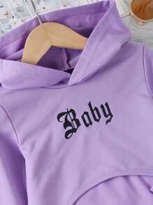 3 pezzi Set casual sportivo quotidiano per ragazze, inclusi: Felpa con cappuccio con stampa a lettere e orlo asimmetrico, pantaloni con vita elastica e stampa colorblock, top canotta monocromatico, per autunno/inverno
