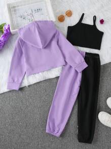 3 pezzi Set casual sportivo quotidiano per ragazze, inclusi: Felpa con cappuccio con stampa a lettere e orlo asimmetrico, pantaloni con vita elastica e stampa colorblock, top canotta monocromatico, per autunno/inverno