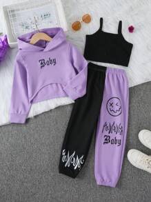 3 pezzi Set casual sportivo quotidiano per ragazze, inclusi: Felpa con cappuccio con stampa a lettere e orlo asimmetrico, pantaloni con vita elastica e stampa colorblock, top canotta monocromatico, per autunno/inverno