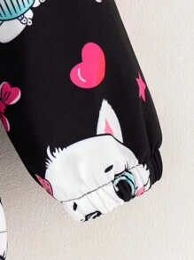 秋冬季年轻女孩休闲时尚印花卡通图案常规版型拉链连帽羊毛夹克 - 黑色 - 查看 4