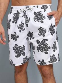 Men's Beach Shorts With Turtle Print And Pocket - 黑色 - 查看 2