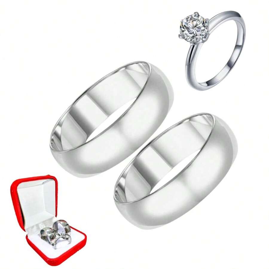 Pair Of Engagement Rings Silver 8mm + Solitaire Ring 2mm White Stone Valentine's Luxury Couple - 銀色 - 查看 1