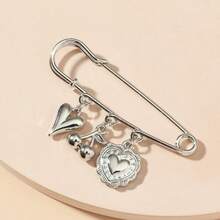 1pc Women's New Minimalist Fashion Heart & Cherry Pendant Brooch, Unique Sweet Style Bag Accessory - Silver - View 3