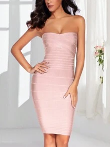 Vestido ajustado para fiesta sin tirantes de vendaje para mujer - Beis - Ver 4