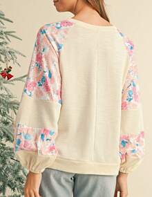 Boho Retro Vintage 60's Vibe Cream Cotton Raglan Lantern Bubble Puff  Sleeve  Floral Rib Patchwork Top Sweat Shirt Blouse - Màu be - Xem 8