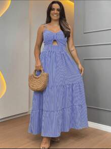 Long Dress With Straps And Padded Cups In Checkered Print In Viscolinho Fabric H-2 - Blue - View 1