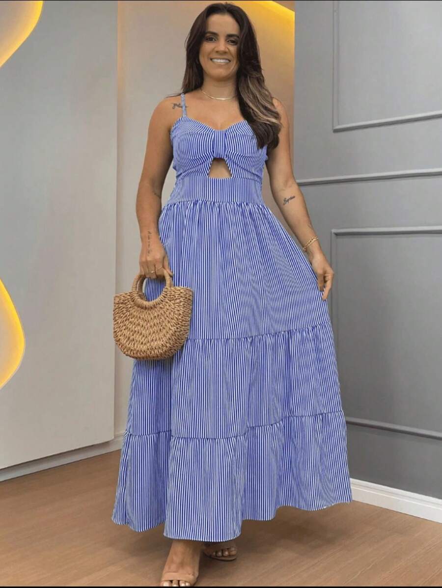 Long Dress With Straps And Padded Cups In Checkered Print In Viscolinho Fabric H-2 - Blue - View 1