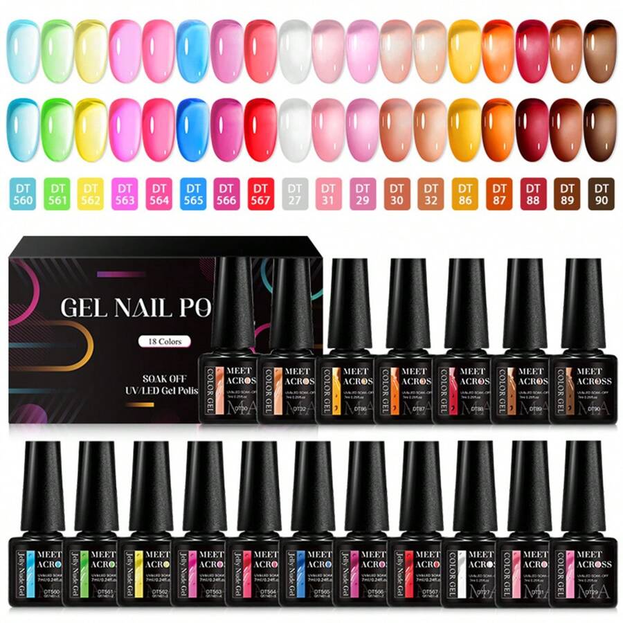 MEET ACROSS 18pcs Crystal Jelly Glass Gel Nail Polish Set 7Ml Summer Nails Translucent Candy Color Gel Polish Set, Semi Permanent Hybrid Varnishes, Glass Pink Sugar Series, Jelly Amber Gel Polish Set, Soak Off UV LED Nail Glue With Box Gel Nail Kit Manicure Kit Nail Supplies Nail Art DIY Home Salon Gift For Women - 彩色 - 查看 1