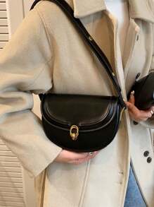 Metal Lock Flap Saddle Bag Women's Commuting Shoulder Bag Valentines - Black - View 5