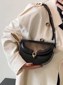 Metal Lock Flap Saddle Bag Women's Commuting Shoulder Bag Valentines - Black - View 2