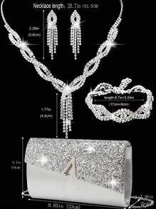 LETODE 4 Pieces Rhinestone Jewelry Set Bling Necklace Earrings Bracelets Set For Women Evening Clutch Bag Bridal Wedding Sparkling Glitter Elegant Envelope Bag Purse For Women Prom With Detachable Metal Chain For Wedding And Party Shoulder Bag For Women Clutch Purses For Ladies Bag Women's Handheld Evening Bag Versatile Glitter Handheld Bag Cocktail Party Wedding New Wallet Banquet Bag
