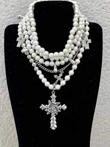 1set Vintage European French Chic Multi-Strand Pearl Beaded Necklace, Layered Pearl Choker For Men And Women