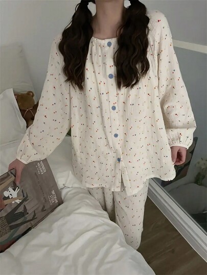 2pcs Women's Apricot Ditsy Floral Crew Neck Loose Fit Cropped Top And Bottom Sleepwear Set, Suitable For Spring And Autumn Home Use,Two Pieces Set, Fall Clothes