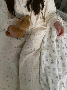 2pcs Women's Apricot Allover Print Crew Neck Loose Fit Top And Pants Sleepwear Pajama Set, Suitable For Spring And Autumn Home Use, Two Pieces Set, Fall Winter Clothes