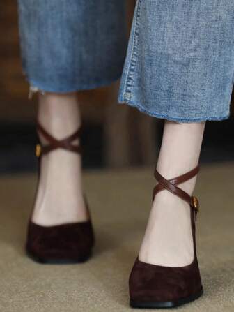 2024 New Arrivals Women High Heels Shoes Spring Summer Fashion Casual Anti-Skid Suede Patchwork Retro Square Toe Thick Heels Mary Jane Strap Pumps