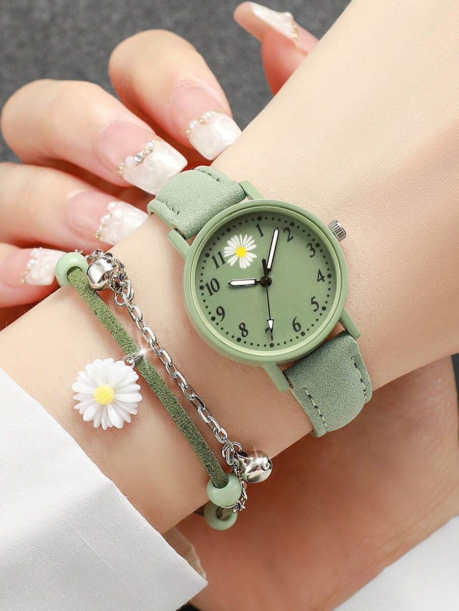 2pcs/Set Women's Quartz Wristwatch With Digital Flower Dial And Bracelet Valentines - Green - View 1