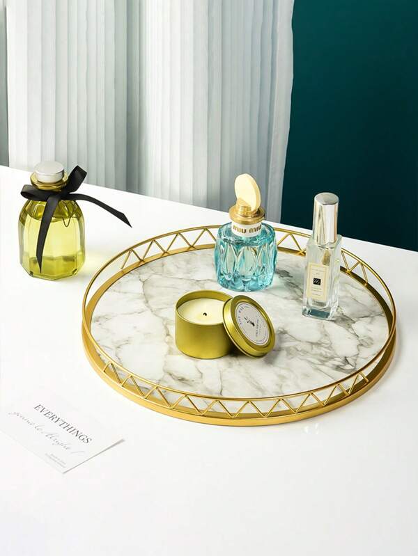 Round Gold Color Small Tray, Marble Pattern Serving Tray, Home Decor Storage Display Best Gifts Birthday Plates Kitchen Accessories Kitchen Decor Table Trays Fruit Tray Tray Decor Graduation