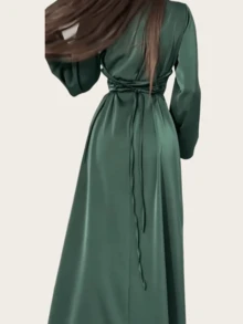 女士端庄长裙，女士优雅高腰长袖缎面端庄连衣裙，圆领纯色优雅晚礼服 - 綠色 - 查看 6