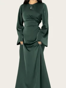 女士端庄长裙，女士优雅高腰长袖缎面端庄连衣裙，圆领纯色优雅晚礼服 - 綠色 - 查看 4