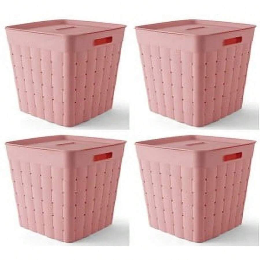 Your Zone Child And Teen Plastic Wide Weave Pink Stacking Storage Bin With Lid, 4 Pack - 粉色 - 查看 1