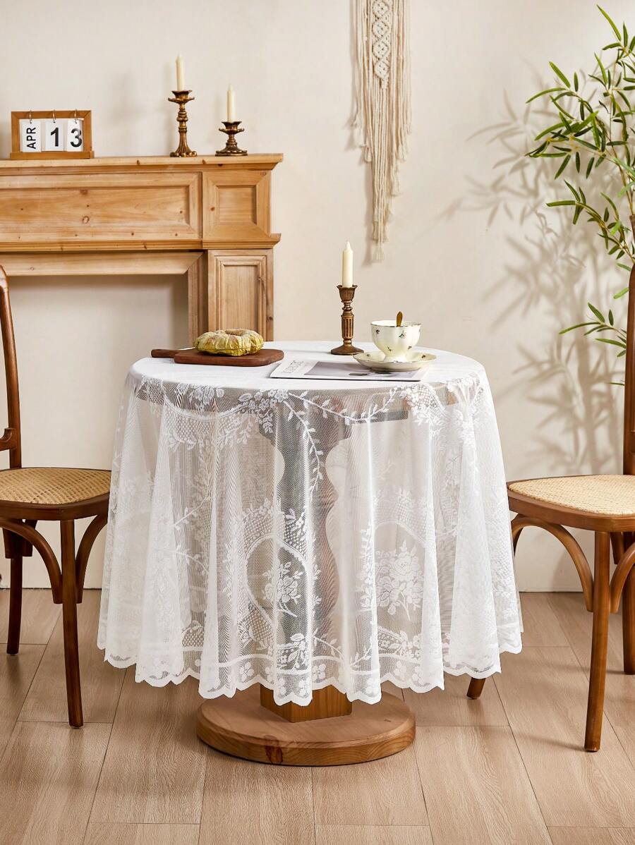 1 peça Toalha de Mesa Redonda de Renda Francesa Branca, Toalha de Mesa Redonda Estilo Francês Minimalista com Floral, Adequada para Decoração da Sala de Estar, Quarto, Cozinha, Mesa de Centro, Móvel de TV - Branco - Visão 1