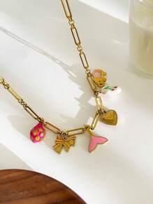 Monlansher 1pc Women's Fashionable Stainless Steel Necklace With Multi-Element Charms, Including Heart Locket, Elephant, Fruit, Fish Tail, Bowknot, & Personalized Metal Style - Gold - View 8