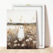 1pc, Canvas Hanging, Vintage Floral Meadow Art Print: Cute Ghost In Autumn Landscape - Home Decor Wall Art, Halloween Decor, Holiday Decor, Ghost Decor