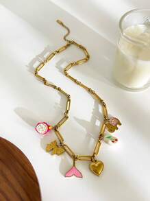 Monlansher 1pc Women's Fashionable Stainless Steel Necklace With Multi-Element Charms, Including Heart Locket, Elephant, Fruit, Fish Tail, Bowknot, & Personalized Metal Style - Gold - View 7