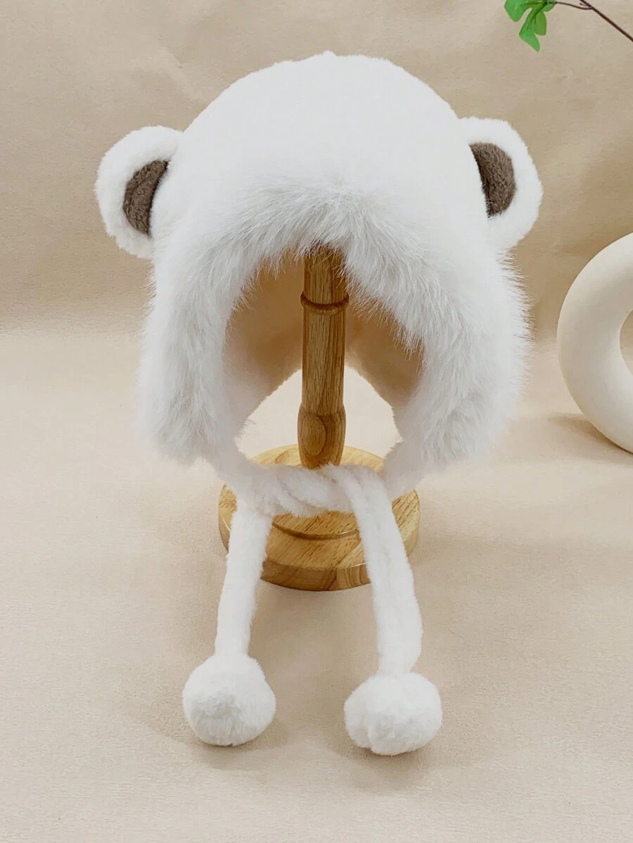 1pc Women's Plush Earflap Hat With Cute Bear Decor, Warm Thick Winter Hat For Daily Wear And Outdoor Activities, Available In Multiple Colors