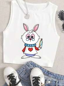 Top tank corto ligero con estampado de gato en dibujo animado - Blanco - Ver 1