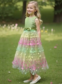 Tween Girl Green Princess Backless Colorful Butterfly Dress, Teens Flower Girl Wedding Party Formal Gown