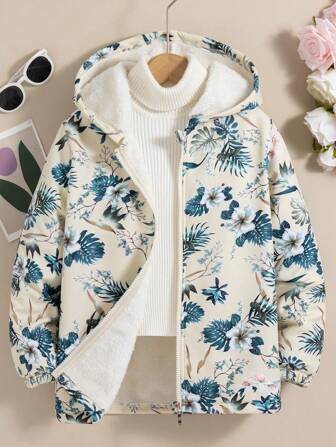 Tween Girl 休闲拉链花卉印花连帽夹克，保暖内衬，适合秋冬季