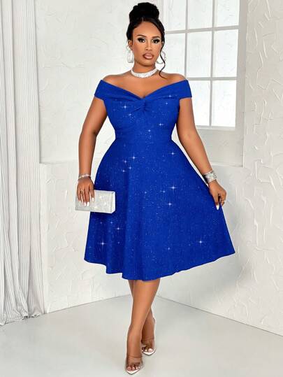 BIUBIU Women's Plus Size Sexy Solid Twisted Off Shoulder Backless Glitter Detail A-Line Dress For Party, Cocktail, Valentine's Day, Elegant Prom Semi Formal Dress, For Birthday, Wedding Guest, Graduation, Dinner, Homecoming