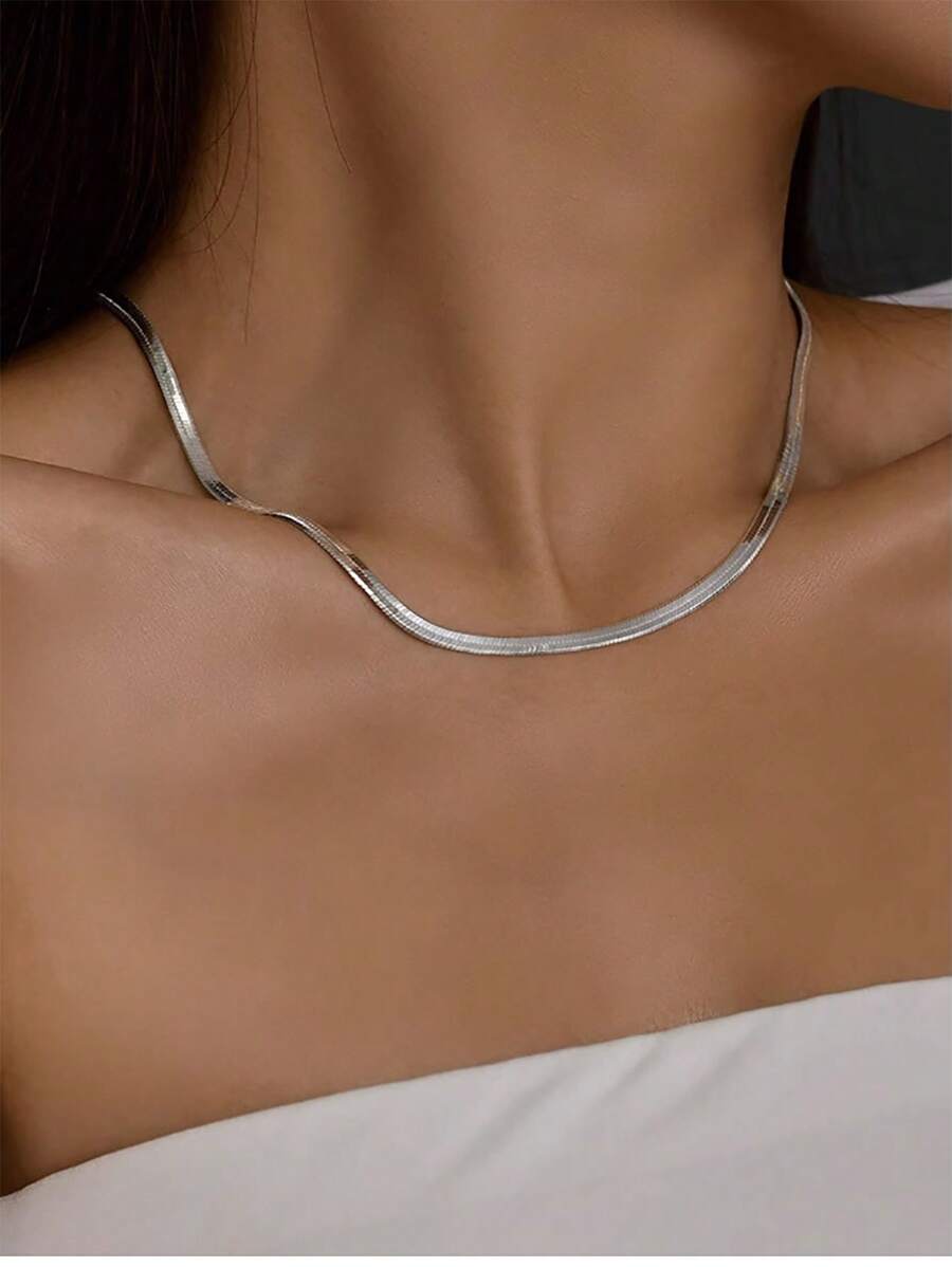 1 PC 925 Sterling Silver Chain Link Hip Hop Jewelry Italian 18K Gold Plated1.7mm Flat Herringbone Snake Chain Necklace For Men Women - Silver - View 1