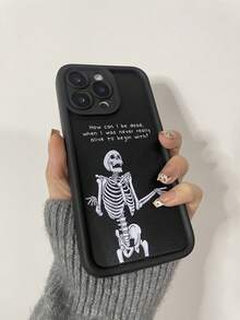 Preppy 手机壳万圣节黑色幽默骷髅保护手机壳兼容 iPhone 15Pro、iPhone 14 ProMax、iPhone 13、iPhone 11/12/14/12PM、iPhone 7/8 Plus，防震，创意骷髅设计 - 黑色 - 查看 3