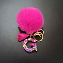 Llavero con pompón de peluche y piedra rosa en forma de letra, decoración para bolso, accesorio de estilo, regalo, recuerdo, accesorio para coche, dije para bolso, accesorios escolares, gótico, Y2K
