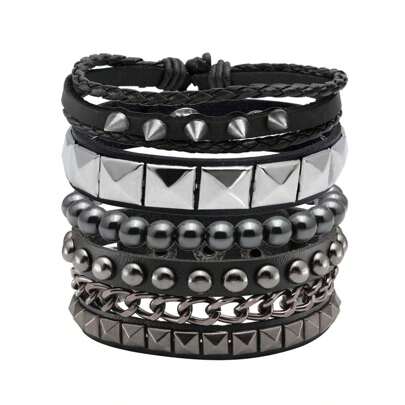 Yanxyad 1/4 Pcs Punk Leather Rock Studded Bracelets For Men Women Retro Classic Spiked Metal Cuff Bracelet Set For Man Woman