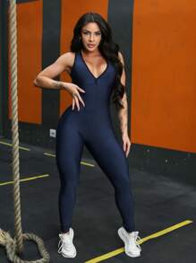 Fitness Jumpsuit With Back Neckline GymSports Gym High Waist - 藍色 - 查看 2