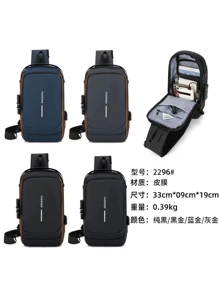 Compact Single-Sided Crossbody Shoulder Backpack USB Code Lock Waterproof - Grey - View 5