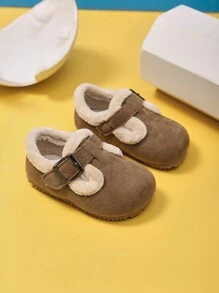 1 Pair Fashionable Flat Shoes For Baby Girls, Round Toe, Simple, Versatile, Comfortable & Soft Sole, Slip-On Design, Warm Lining For Autumn & Winter