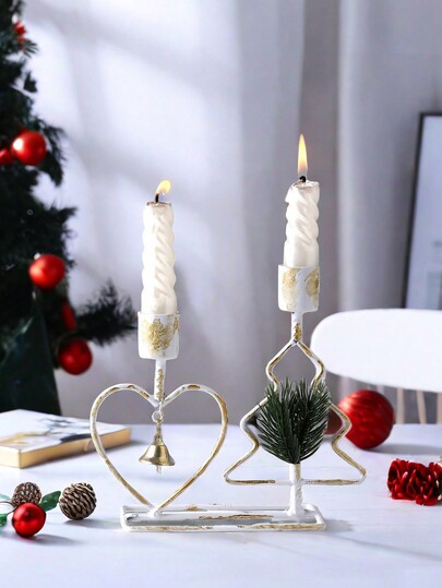 1pc European Style Iron Art Christmas Double Cup Heart Bell Pine Cone Christmas Tree/Christmas Tree Decor Candle Holder, Suitable For Home, Wedding, Holiday Party, Candlelight Dinner, Tabletop Decor (Handmade Brushed Finish, Color May Vary Unevenly) Home Decor Christmas Decorations Room Decor Winter