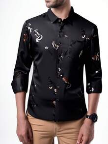 Spring Men's Slim Fit Long Sleeve Collared Shirt With Funny Graphic Print All Over Print For Holiday Father Son Dad - Black - View 3