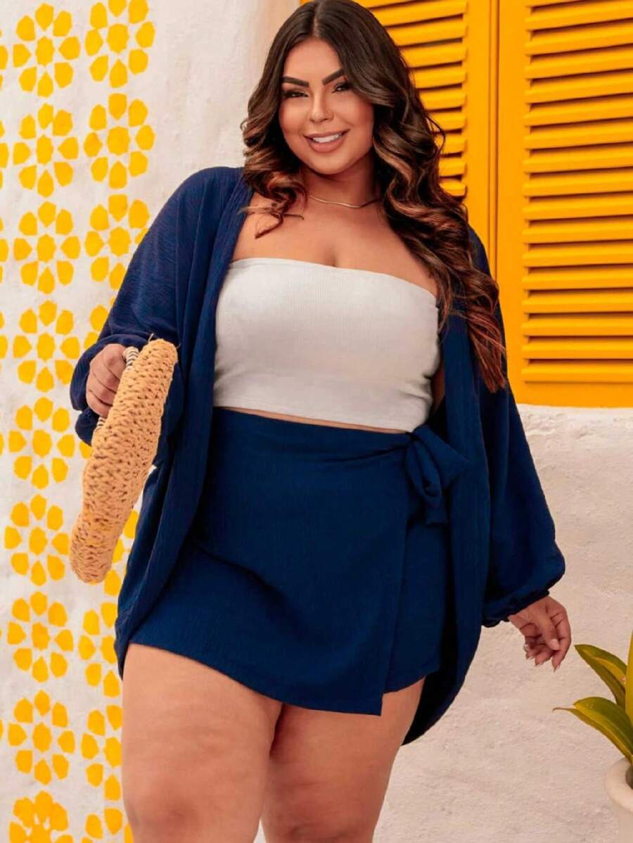 Plus Size 2-Piece Shorts And Kimono Set - Navy Blue - View 1
