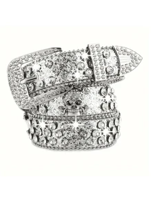 1pc Men's Solid Color Street Fashion New PU Leather Belt, Personalized Rhinestone Inlaid, Versatile Jeans Belt, High-End Feel Summer, School Fall, Autumn, Halloween Autumn-Winter Accessories,Suitable For Teens, Youth,Men,Casual, Outdoor, Athletic, Vacation, Graduation Gifts, Birthday, Daily Wear