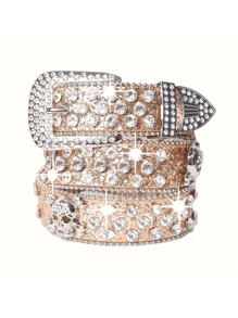 1pc Men's Solid Color Street Fashion New PU Leather Belt, Personalized Rhinestone Inlaid, Versatile Jeans Belt, High-End Feel Summer, School Fall, Autumn, Halloween Autumn-Winter Accessories,Suitable For Teens, Youth,Men,Casual, Outdoor, Athletic, Vacation, Graduation Gifts, Birthday, Daily Wear