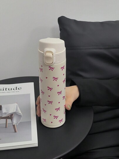 1pc 450ml/15.22oz Butterfly & Heart Design Water Bottle, Bounce Lid, Original Double Wall Stainless Steel Insulated Cup, Thermal Mug, Vacuum Bottle For Travel, Gym, Outdoors, Flat Bottom, Car Cup, All Season Drinkware, Holiday Gift, Birthday Gift, Mother's Day Gift