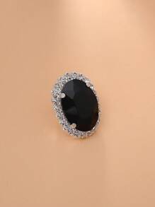 STONEFANS 1pc Exaggerated Extra Large Oval Black Crystal Rhinestone Adjustable Cocktail Ring For Women - Silver - View 3