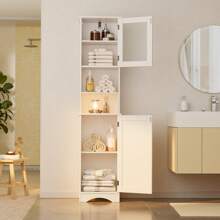 67.1" Tall Bathroom Storage Cabinet With Open Shelves, Narrow Freestanding Tall Linen Tower With Adjustable Shelves, 2 Doors  Cabinet With Anti-Tip For Home, Kitchen And Living Room, Christmas Gifts - trắng - Xem 1