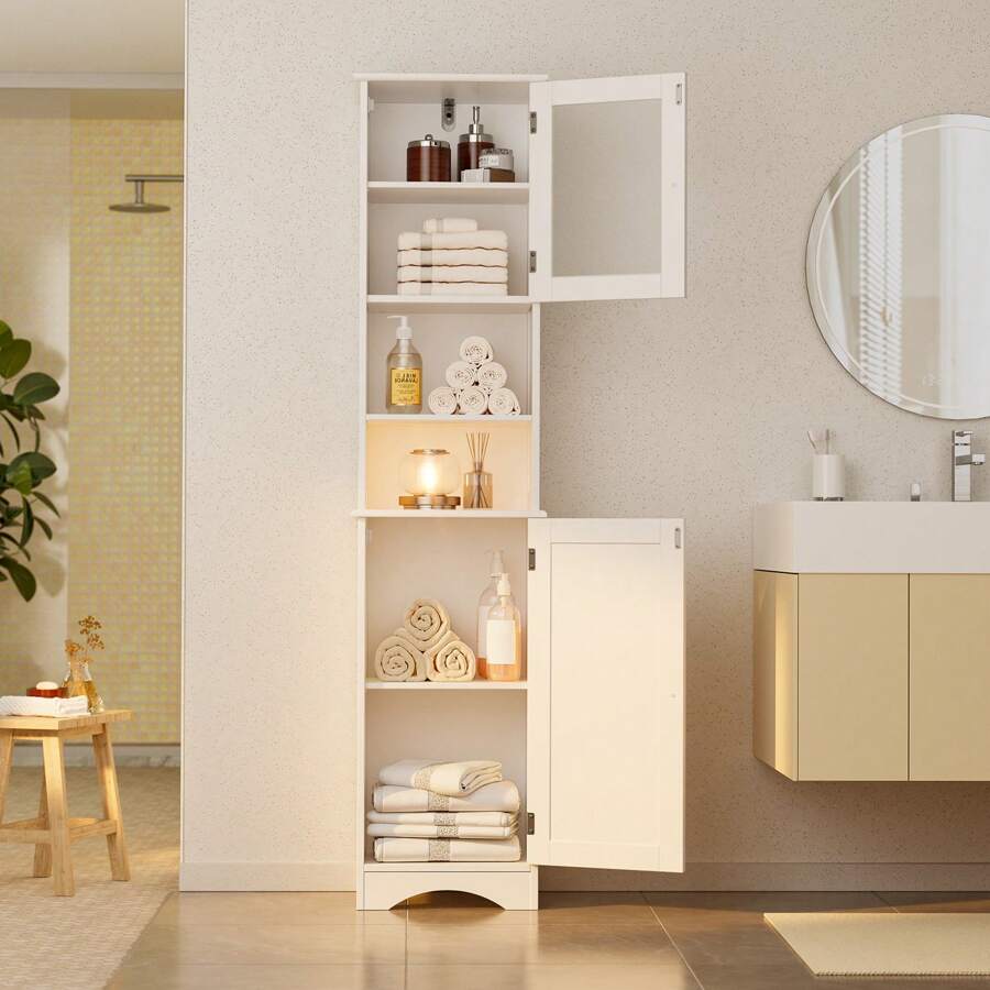 67.1" Tall Bathroom Storage Cabinet With Open Shelves, Narrow Freestanding Tall Linen Tower With Adjustable Shelves, 2 Doors Cabinet With Anti-Tip For Home, Kitchen And Living Room, Christmas Gifts - trắng - Xem 1
